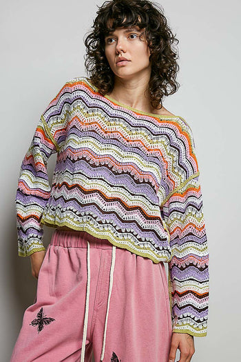 POL Multi Color Striped Crochet Top in Pink Multi