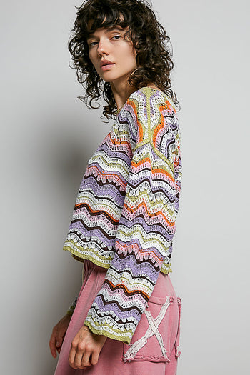 POL Multi Color Striped Crochet Top in Pink Multi