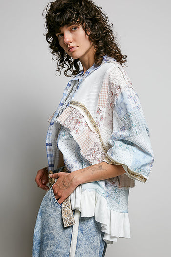 POL Mixed Prints and Ruffle Detailed Top in White/Blue Multi