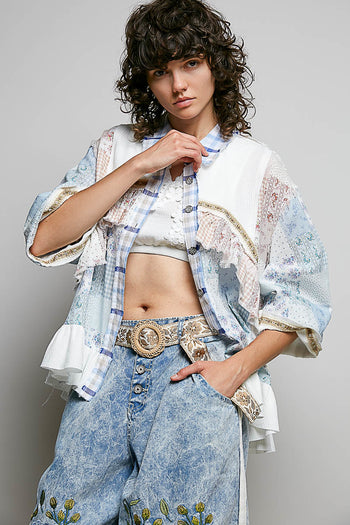 POL Mixed Prints and Ruffle Detailed Top in White/Blue Multi
