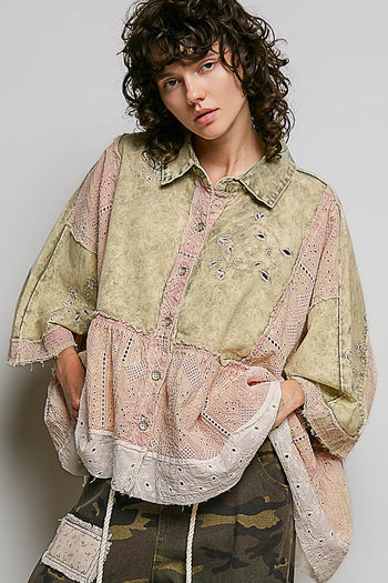 POL Vintage Embroidered Denim Shirt in Strawberry Matcha