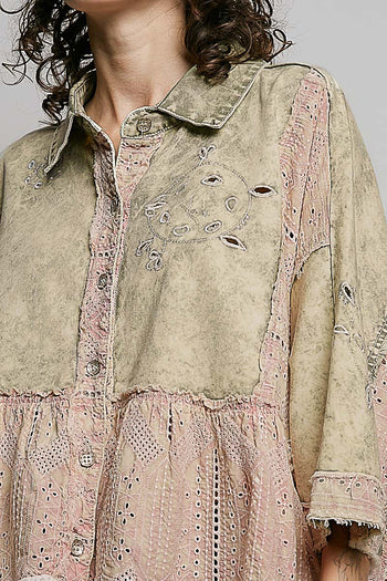 POL Vintage Embroidered Denim Shirt in Strawberry Matcha