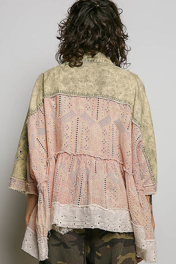 POL Vintage Embroidered Denim Shirt in Strawberry Matcha