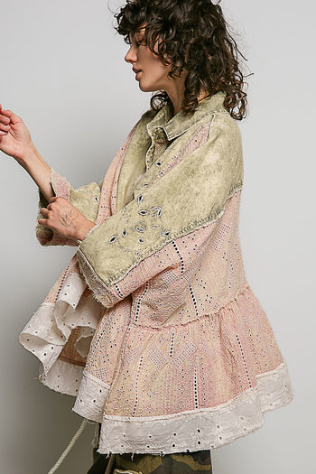 POL Vintage Embroidered Denim Shirt in Strawberry Matcha