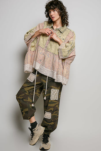 POL Vintage Embroidered Denim Shirt in Strawberry Matcha