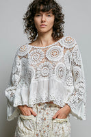 POL Floral Eyelet Crochet Knit Top in White