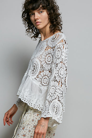POL Floral Eyelet Crochet Knit Top in White
