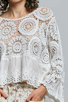 POL Floral Eyelet Crochet Knit Top in White