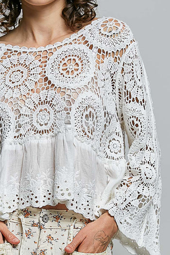 POL Floral Eyelet Crochet Knit Top in White