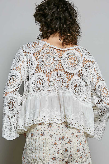 POL Floral Eyelet Crochet Knit Top in White