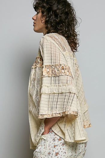 POL Floral Ruffle Zip Accent Ribbed Top in Natural