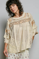 POL Floral Ruffle Zip Accent Ribbed Top in Natural