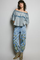 POL Off The Shoulder Cotton Top with Embroidery Details in Denim Blue