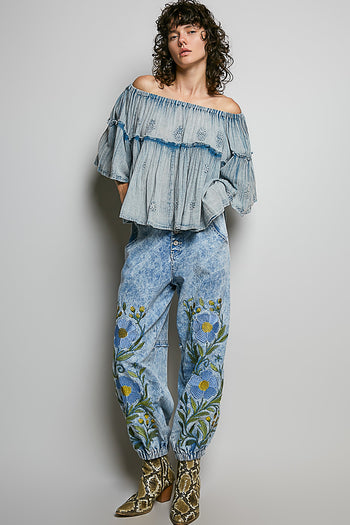 POL Off The Shoulder Cotton Top with Embroidery Details in Denim Blue