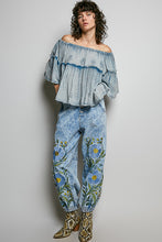Load image into Gallery viewer, POL Off The Shoulder Cotton Top with Embroidery Details in Denim Blue
