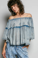 POL Off The Shoulder Cotton Top with Embroidery Details in Denim Blue