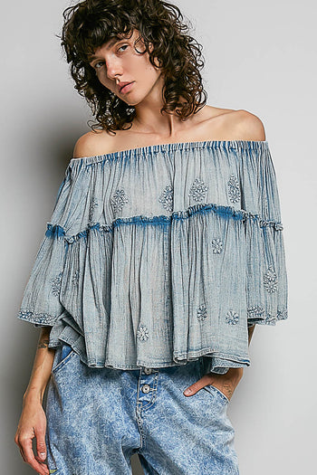 POL Off The Shoulder Cotton Top with Embroidery Details in Denim Blue