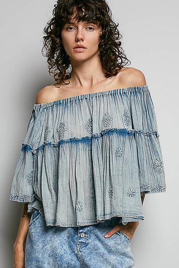 POL Off The Shoulder Cotton Top with Embroidery Details in Denim Blue