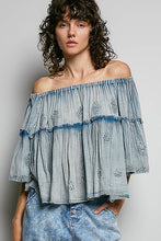 Load image into Gallery viewer, POL Off The Shoulder Cotton Top with Embroidery Details in Denim Blue
