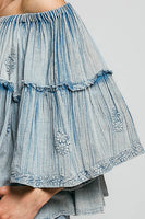 POL Off The Shoulder Cotton Top with Embroidery Details in Denim Blue