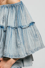 Load image into Gallery viewer, POL Off The Shoulder Cotton Top with Embroidery Details in Denim Blue
