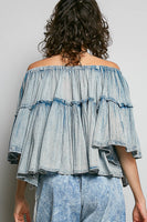 POL Off The Shoulder Cotton Top with Embroidery Details in Denim Blue