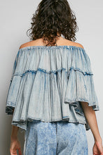 Load image into Gallery viewer, POL Off The Shoulder Cotton Top with Embroidery Details in Denim Blue

