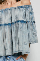 POL Off The Shoulder Cotton Top with Embroidery Details in Denim Blue