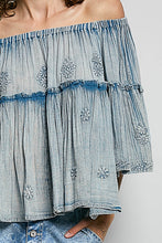 Load image into Gallery viewer, POL Off The Shoulder Cotton Top with Embroidery Details in Denim Blue
