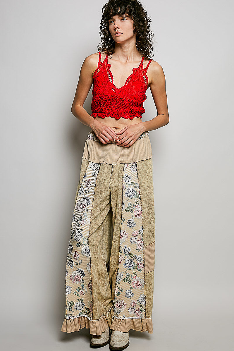 POL French Terry Patchwork Pants with Ruffle Hem in Dusty Choco