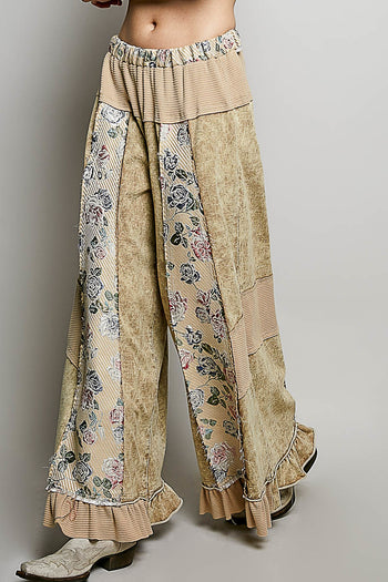 POL French Terry Patchwork Pants with Ruffle Hem in Dusty Choco