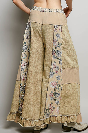 POL French Terry Patchwork Pants with Ruffle Hem in Dusty Choco