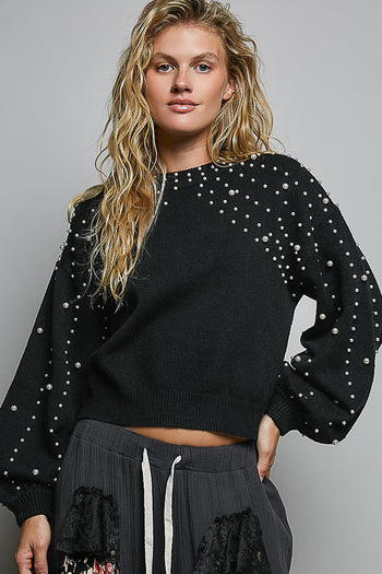 POL Knit Sweater with Pearls in Black
