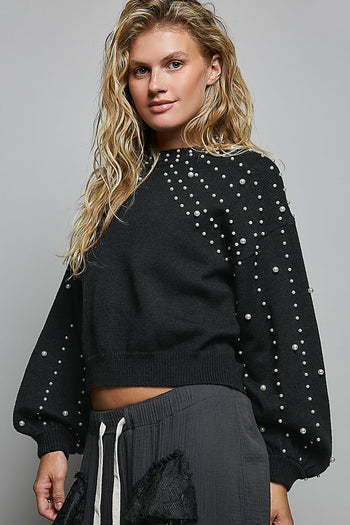 POL Knit Sweater with Pearls in Black
