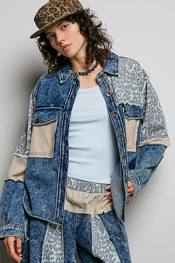 POL French Terry Patchwork Jacket in Indigo