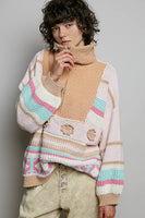 POL High Collar Half Zip Mixed Print Sweater in Blush Multi