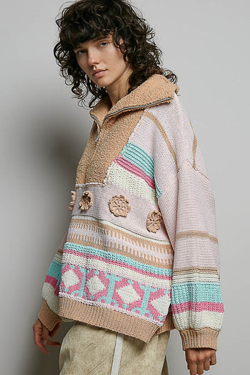 POL High Collar Half Zip Mixed Print Sweater in Blush Multi