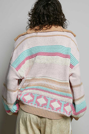 POL High Collar Half Zip Mixed Print Sweater in Blush Multi