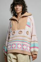 POL High Collar Half Zip Mixed Print Sweater in Blush Multi