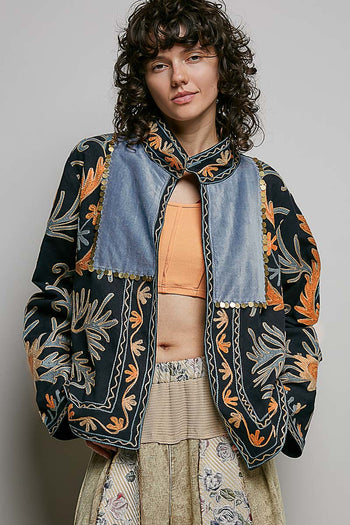 POL Lightweight Open Front Embroidered Jacket in Black Multi