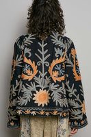 POL Lightweight Open Front Embroidered Jacket in Black Multi