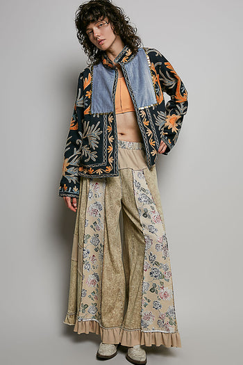 POL Lightweight Open Front Embroidered Jacket in Black Multi