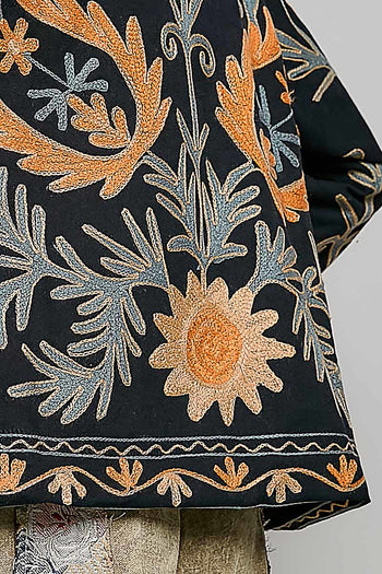 POL Lightweight Open Front Embroidered Jacket in Black Multi