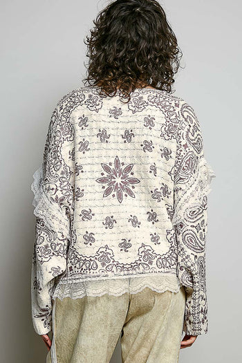 POL Mixed Pattern Knit Sweater with Lace Details in Cream/Choco Multi