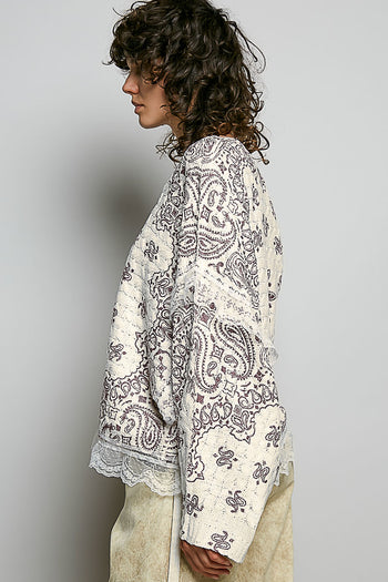 POL Mixed Pattern Knit Sweater with Lace Details in Cream/Choco Multi