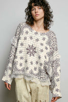 POL Mixed Pattern Knit Sweater with Lace Details in Cream/Choco Multi