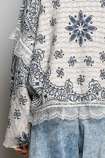POL Mixed Pattern Knit Sweater with Lace Details in Cream/Blue Multi