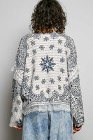 POL Mixed Pattern Knit Sweater with Lace Details in Cream/Blue Multi