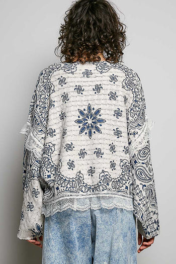POL Mixed Pattern Knit Sweater with Lace Details in Cream/Blue Multi