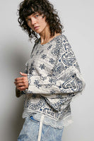 POL Mixed Pattern Knit Sweater with Lace Details in Cream/Blue Multi